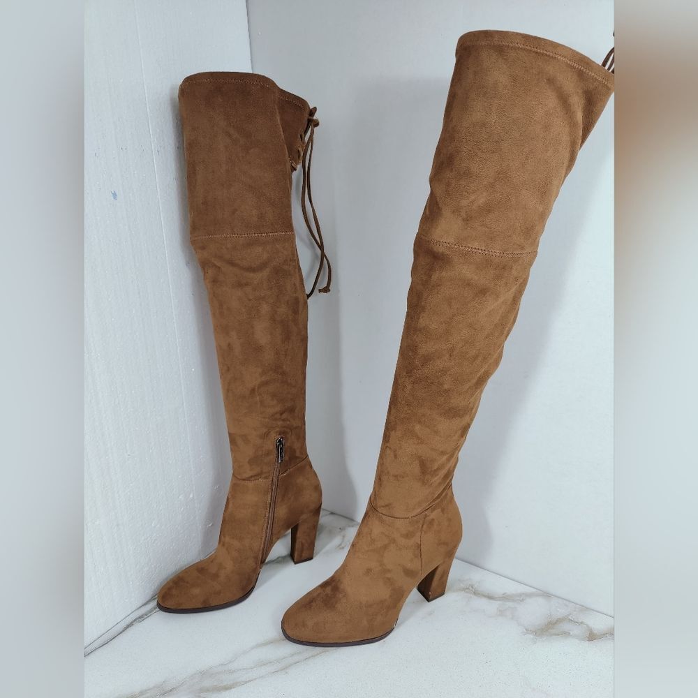 Vince Camuto Tapley Cognac Microsuede Over The Knee Heeled Boots, 7.5 - Picture 4 of 12